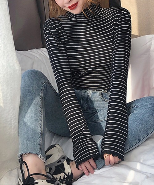 meJane（ミージェーン）の「ハイネックベーシックボーダーメロートップス（Tシャツ/カットソー・レディース・ブラック/ホワイト・FREE）」の2枚目の写真