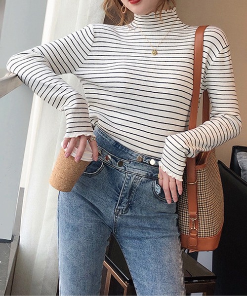 meJane（ミージェーン）の「ハイネックベーシックボーダーメロートップス（Tシャツ/カットソー・レディース・ブラック/ホワイト・FREE）」の4枚目の写真