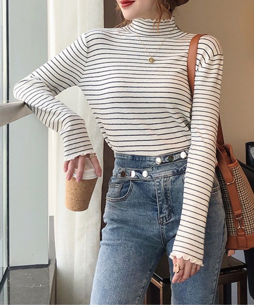 meJane（ミージェーン）の「ハイネックベーシックボーダーメロートップス（Tシャツ/カットソー・レディース・ブラック/ホワイト・FREE）」の3枚目の写真