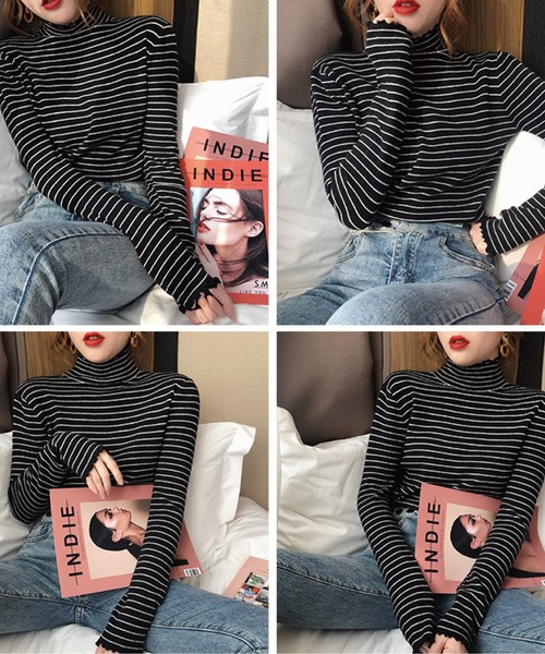 meJane（ミージェーン）の「ハイネックベーシックボーダーメロートップス（Tシャツ/カットソー・レディース・ブラック/ホワイト・FREE）」の7枚目の写真