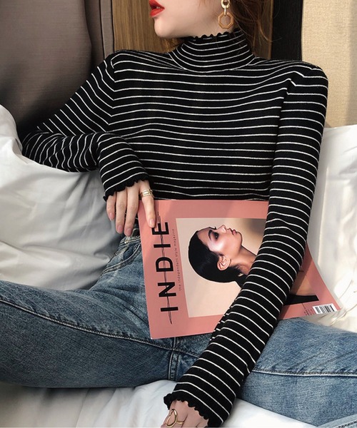 meJane（ミージェーン）の「ハイネックベーシックボーダーメロートップス（Tシャツ/カットソー・レディース・ブラック/ホワイト・FREE）」の8枚目の写真