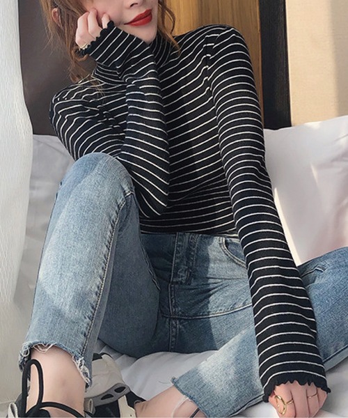 meJane（ミージェーン）の「ハイネックベーシックボーダーメロートップス（Tシャツ/カットソー・レディース・ブラック/ホワイト・FREE）」の5枚目の写真