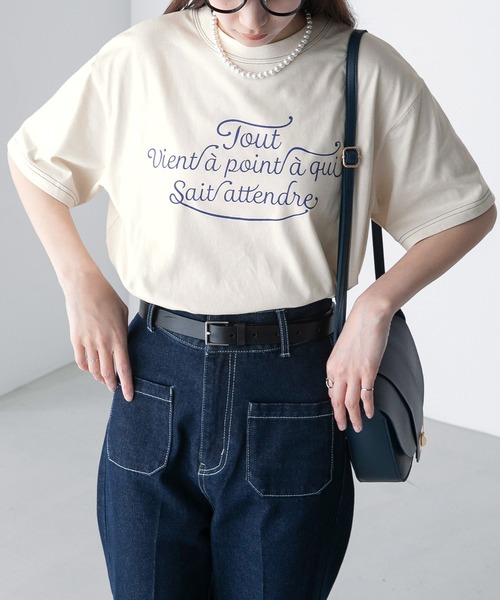 BONLECILL(ボンルシール)の「配色ステッチフレンチロゴ半袖Tシャツ(Tシャツ/カットソー・レディース・ピンク/アイボリー/オフホワイト/チャコールグレー/ブルー・FREE)」の14枚目の写真