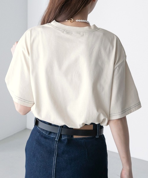 BONLECILL(ボンルシール)の「配色ステッチフレンチロゴ半袖Tシャツ(Tシャツ/カットソー・レディース・ピンク/アイボリー/オフホワイト/チャコールグレー/ブルー・FREE)」の16枚目の写真