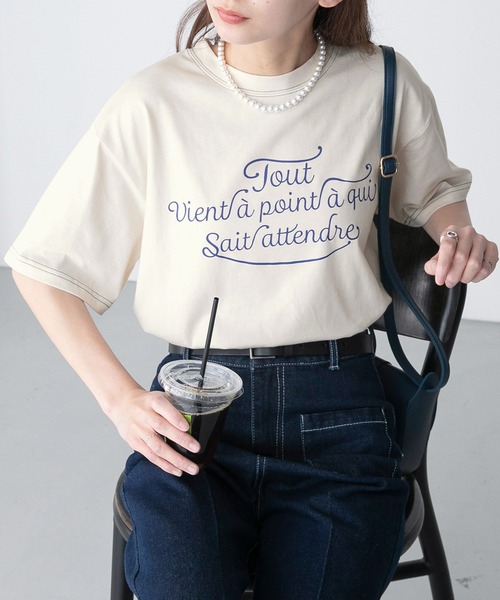 BONLECILL(ボンルシール)の「配色ステッチフレンチロゴ半袖Tシャツ(Tシャツ/カットソー・レディース・ピンク/アイボリー/オフホワイト/チャコールグレー/ブルー・FREE)」の19枚目の写真