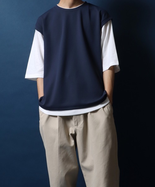 ANPAS（アンパス）の「Quick Dry ＆ Cool Touch Amunzen Twill Fabric Cropped Sleeve Fake Layered T-Shirt/吸水速乾 接触冷感 梨地ツイル クロップド フェイクレイヤード ビッグシルエット Tシャツ（Tシャツ/カットソー・メンズ・チャコール/グレイッシュベージュ/ダークブルー・M/L/LL）」の12枚目の写真