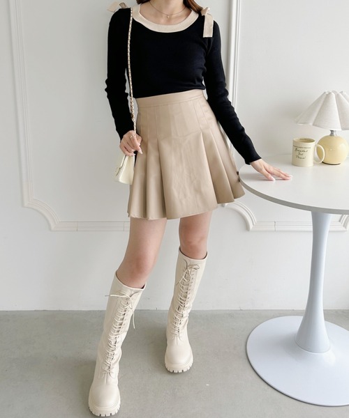 セール】ハイウエストPUレザープリーツミニスカート（スカート