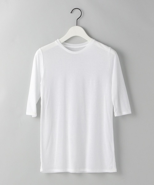 e/rm（イーアールエム）の「【e/rm】シアークルーネックTシャツ_5分袖（Tシャツ/カットソー・レディース・オフホワイト/ライトブラウン/ライトグレー・FREE）」の2枚目の写真