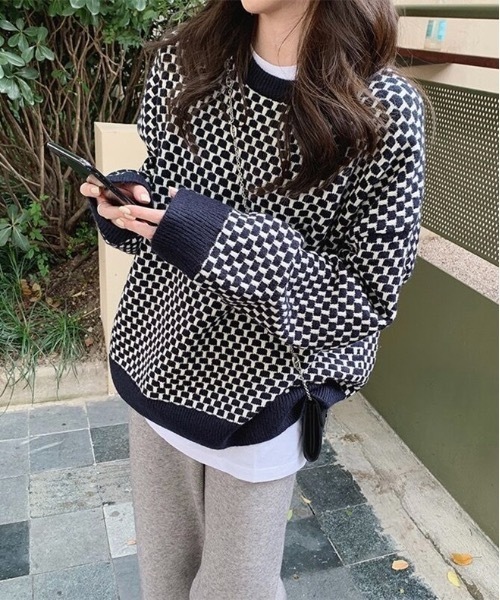 Burner（バーナー）の「【OKUOKU　0909】ニット / チェック柄 / ルーズ oku-tops-726669595082-32　A1（ニット/セーター・レディース・ブラウン系その他/ブラック系その他・FREE）」の2枚目の写真