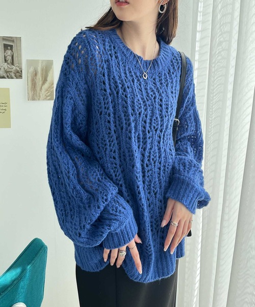 GeeRA(ジーラ)の「透かし柄編みルーズニット(ニット/セーター・レディース・ブルー/アイボリー・MEDIUM/LARGE)」の1枚目の写真