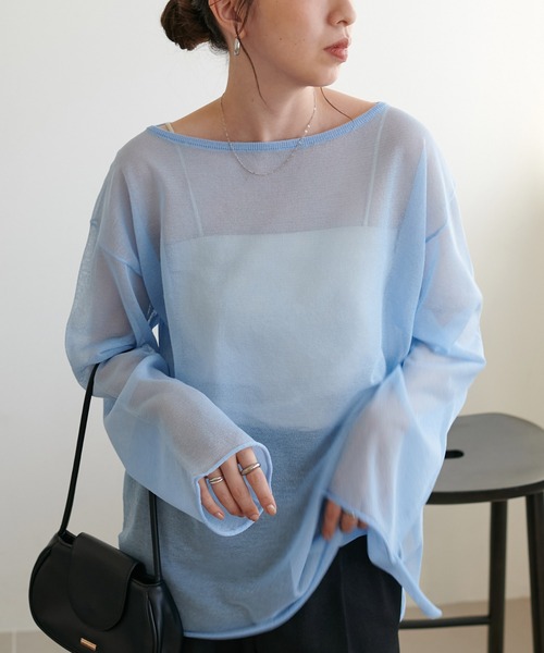DISCOAT（ディスコート）の「【9色展開！/程よい透け感/WEB限定】2WAYワンショルシアープルオーバー（ニット/セーター・レディース・スカイブルー/ブラック/グレー/オフホワイト/サックスブルー/ピンク/ベビーピンク/オレンジ/ブラウン・FREE）」の6枚目の写真