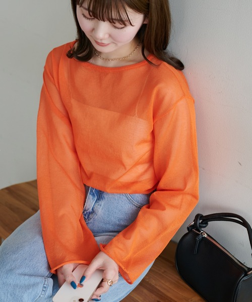 DISCOAT（ディスコート）の「【9色展開！/程よい透け感/WEB限定】2WAYワンショルシアープルオーバー（ニット/セーター・レディース・スカイブルー/ブラック/グレー/オフホワイト/サックスブルー/ピンク/ベビーピンク/オレンジ/ブラウン・FREE）」の9枚目の写真