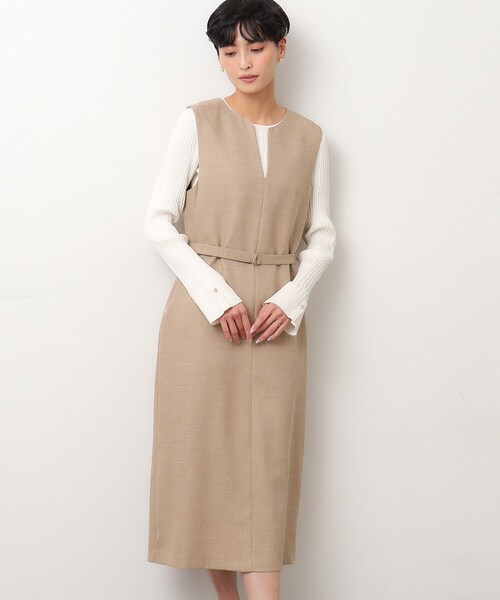 OPAQUE.CLIP（オペークドットクリップ）の「◆≪S-LLsize≫ キーネックジャンドレ/ウールライク【抗ピル/ストレッチ/洗濯機洗い可】（ワンピース・レディース・ベージュ/ネイビー・36/38/40/42）」の2枚目の写真