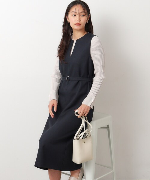 OPAQUE.CLIP（オペークドットクリップ）の「◆≪S-LLsize≫ キーネックジャンドレ/ウールライク【抗ピル/ストレッチ/洗濯機洗い可】（ワンピース・レディース・ベージュ/ネイビー・36/38/40/42）」の3枚目の写真