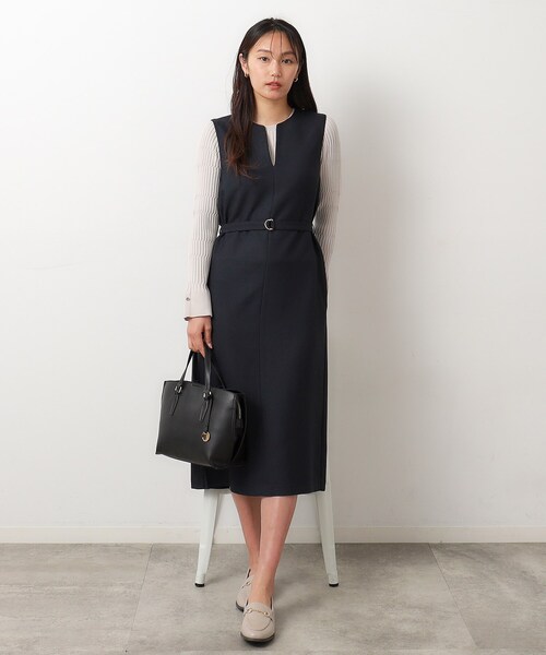 OPAQUE.CLIP（オペークドットクリップ）の「◆≪S-LLsize≫ キーネックジャンドレ/ウールライク【抗ピル/ストレッチ/洗濯機洗い可】（ワンピース・レディース・ベージュ/ネイビー・36/38/40/42）」の4枚目の写真