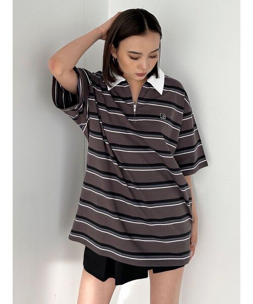 EMODA（エモダ）の「【WEB限定】オーバーカラージップTシャツ（Tシャツ/カットソー・レディース・ピンク/ブラウン/ブラック・FREE）」の5枚目の写真