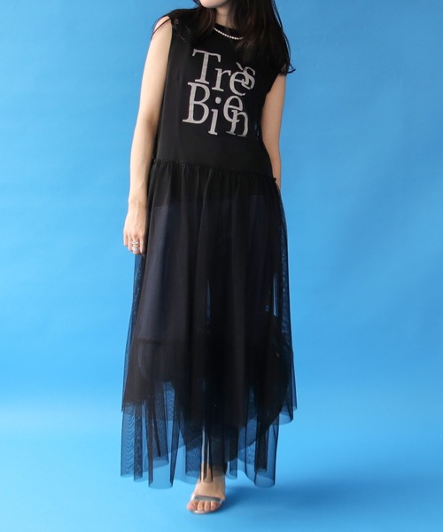 Three Four Time（ｽﾘｰﾌｫｰﾀｲﾑ）の「チュールレイヤードワンピース（ワンピース・レディース・オフホワイト/ブラック・FREE）」の2枚目の写真