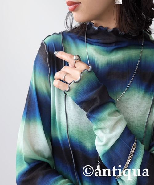 antiqua(アンティカ)の「ニュアンス柄メロウリブトップス(Tシャツ/カットソー・レディース・ピンク/グリーン・R/P)」の2枚目の写真