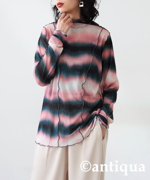 antiqua(アンティカ)の「ニュアンス柄メロウリブトップス(Tシャツ/カットソー・レディース・ピンク/グリーン・R/P)」の12枚目の写真