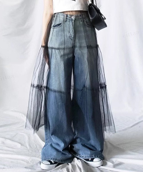 Dalfwin(ダールフィン)の「韓国ファッション ティアードチュールロングスカート(スカート・レディース・ブラック/アイボリー・FREE)」の1枚目の写真