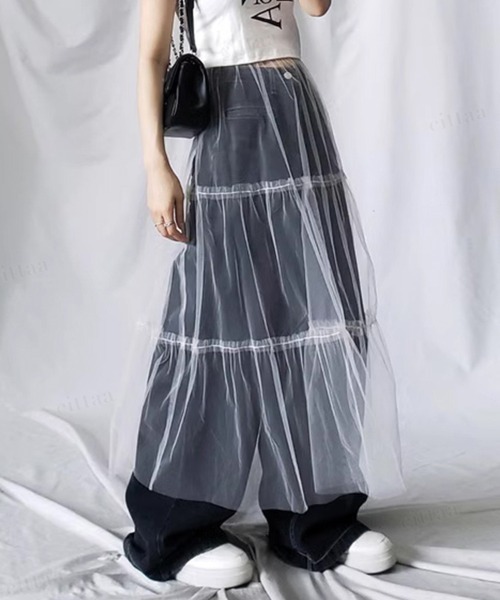 Dalfwin(ダールフィン)の「韓国ファッション ティアードチュールロングスカート(スカート・レディース・ブラック/アイボリー・FREE)」の3枚目の写真