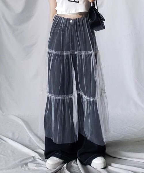 Dalfwin(ダールフィン)の「韓国ファッション ティアードチュールロングスカート(スカート・レディース・ブラック/アイボリー・FREE)」の4枚目の写真