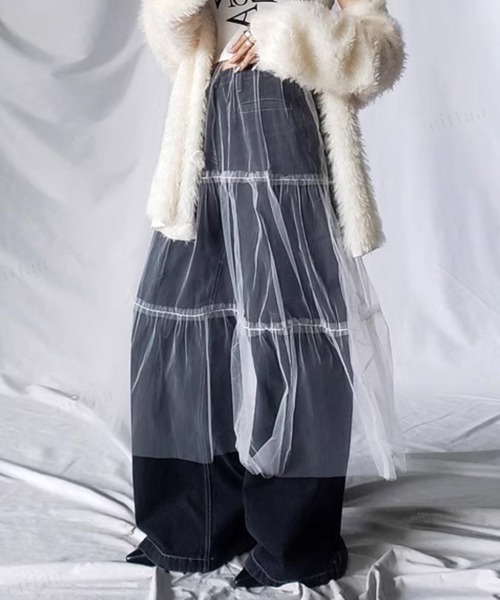 Dalfwin(ダールフィン)の「韓国ファッション ティアードチュールロングスカート(スカート・レディース・ブラック/アイボリー・FREE)」の5枚目の写真