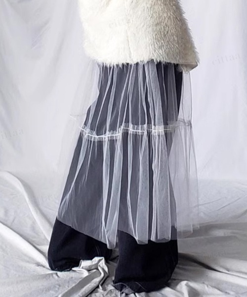 Dalfwin(ダールフィン)の「韓国ファッション ティアードチュールロングスカート(スカート・レディース・ブラック/アイボリー・FREE)」の6枚目の写真