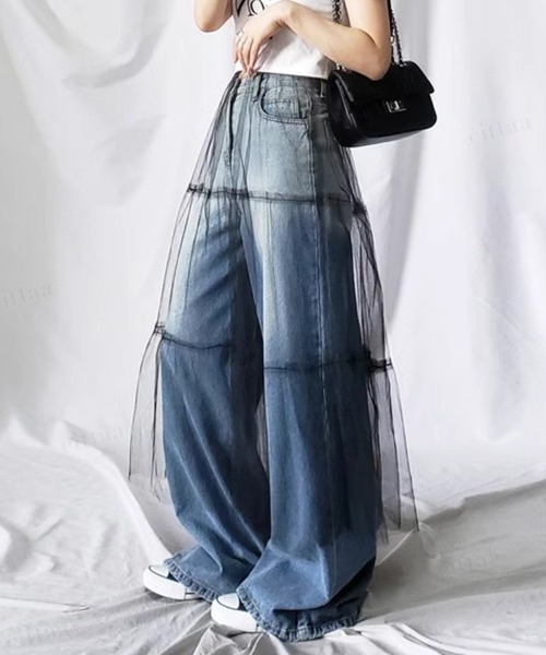 Dalfwin(ダールフィン)の「韓国ファッション ティアードチュールロングスカート(スカート・レディース・ブラック/アイボリー・FREE)」の10枚目の写真