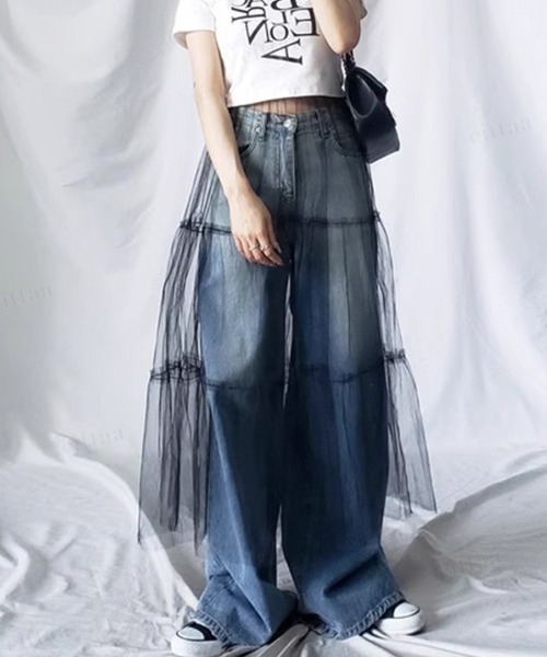 Dalfwin(ダールフィン)の「韓国ファッション ティアードチュールロングスカート(スカート・レディース・ブラック/アイボリー・FREE)」の11枚目の写真