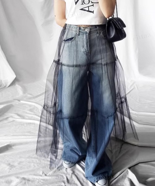 Dalfwin(ダールフィン)の「韓国ファッション ティアードチュールロングスカート(スカート・レディース・ブラック/アイボリー・FREE)」の12枚目の写真