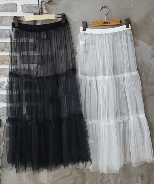 Dalfwin(ダールフィン)の「韓国ファッション ティアードチュールロングスカート(スカート・レディース・ブラック/アイボリー・FREE)」の18枚目の写真
