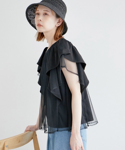 ROPE' PICNIC(ロペピクニック)の「新色追加/チュールフリルトップス(Tシャツ/カットソー・レディース・ブラック/ブルー系その他5/ホワイト/ライトグレー/ピンク系その他2/サックスブルー・38)」の2枚目の写真