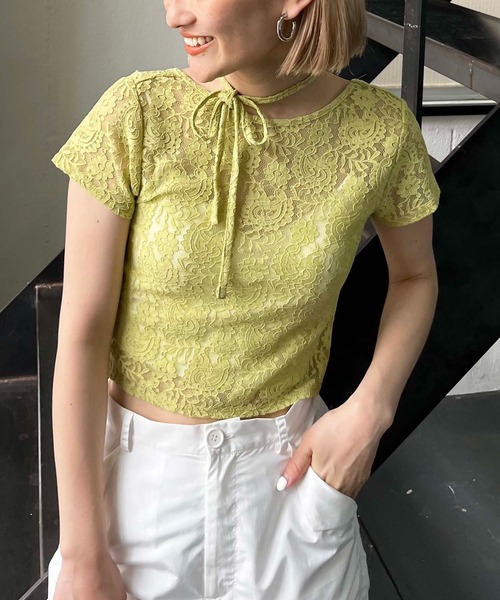 SPIRALGIRL（スパイラルガール）の「2WAYリボンレーストップス（Tシャツ/カットソー・レディース・ピンク/ブラック/ホワイト/グリーン・FREE）」の4枚目の写真