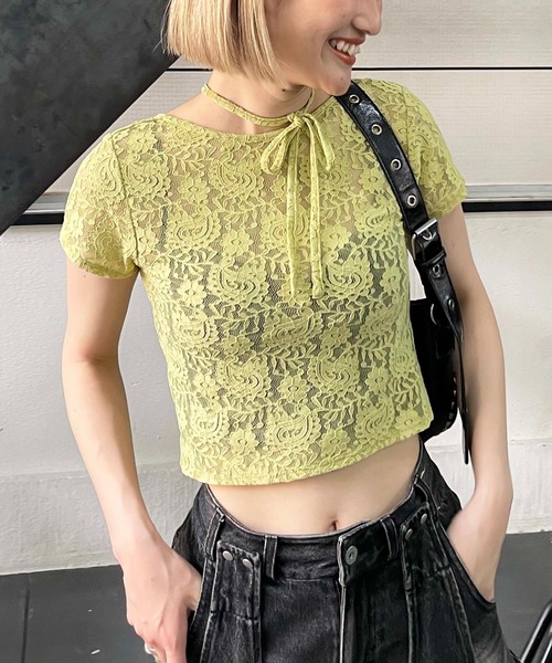 SPIRALGIRL（スパイラルガール）の「2WAYリボンレーストップス（Tシャツ/カットソー・レディース・ピンク/ブラック/ホワイト/グリーン・FREE）」の9枚目の写真