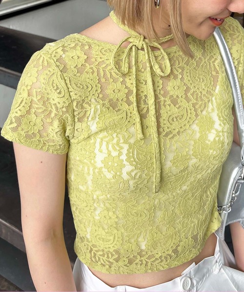 SPIRALGIRL（スパイラルガール）の「2WAYリボンレーストップス（Tシャツ/カットソー・レディース・ピンク/ブラック/ホワイト/グリーン・FREE）」の6枚目の写真