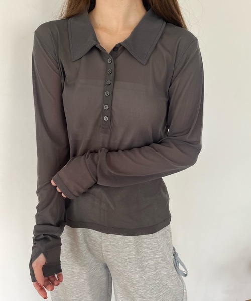 Birthday room(バースデイルーム)の「シアーコンパクトポロトップス / sheer conpact polo tops(ポロシャツ・レディース・グレー/ホワイト/ライトブルー/ネイビー・FREE)」の2枚目の写真