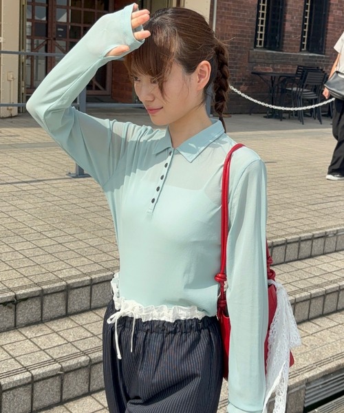 Birthday room(バースデイルーム)の「シアーコンパクトポロトップス / sheer conpact polo tops(ポロシャツ・レディース・グレー/ホワイト/ライトブルー/ネイビー・FREE)」の7枚目の写真