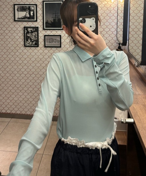 Birthday room(バースデイルーム)の「シアーコンパクトポロトップス / sheer conpact polo tops(ポロシャツ・レディース・グレー/ホワイト/ライトブルー/ネイビー・FREE)」の9枚目の写真