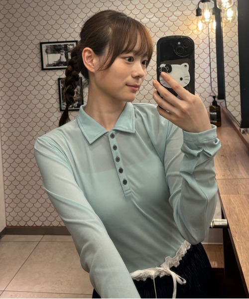 Birthday room(バースデイルーム)の「シアーコンパクトポロトップス / sheer conpact polo tops(ポロシャツ・レディース・グレー/ホワイト/ライトブルー/ネイビー・FREE)」の8枚目の写真