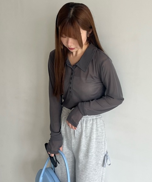 Birthday room(バースデイルーム)の「シアーコンパクトポロトップス / sheer conpact polo tops(ポロシャツ・レディース・グレー/ホワイト/ライトブルー/ネイビー・FREE)」の13枚目の写真