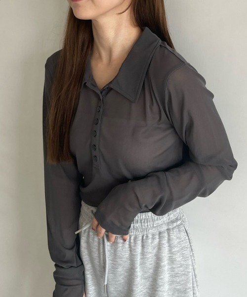 Birthday room(バースデイルーム)の「シアーコンパクトポロトップス / sheer conpact polo tops(ポロシャツ・レディース・グレー/ホワイト/ライトブルー/ネイビー・FREE)」の18枚目の写真