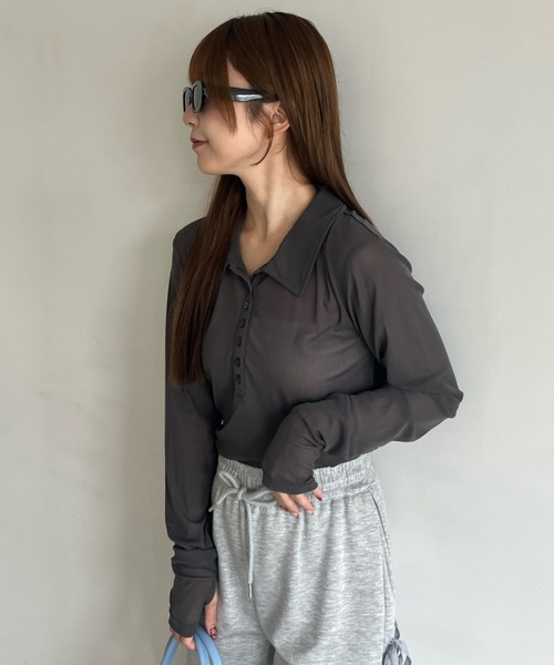Birthday room(バースデイルーム)の「シアーコンパクトポロトップス / sheer conpact polo tops(ポロシャツ・レディース・グレー/ホワイト/ライトブルー/ネイビー・FREE)」の12枚目の写真
