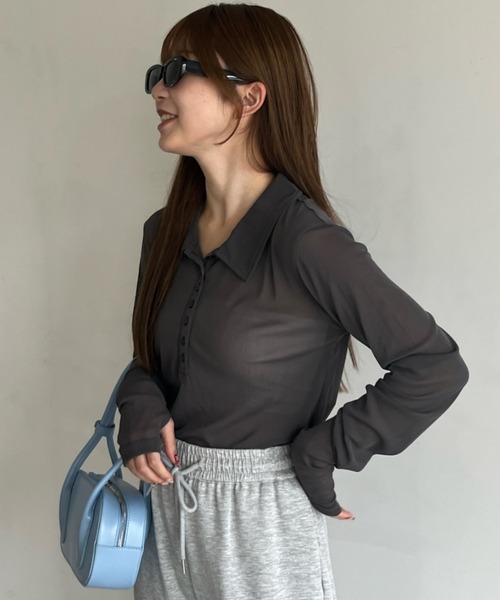 Birthday room(バースデイルーム)の「シアーコンパクトポロトップス / sheer conpact polo tops(ポロシャツ・レディース・グレー/ホワイト/ライトブルー/ネイビー・FREE)」の11枚目の写真