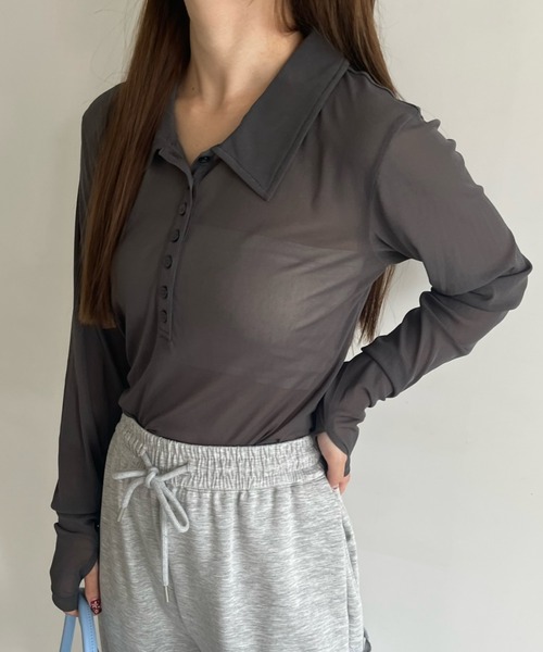 Birthday room(バースデイルーム)の「シアーコンパクトポロトップス / sheer conpact polo tops(ポロシャツ・レディース・グレー/ホワイト/ライトブルー/ネイビー・FREE)」の17枚目の写真