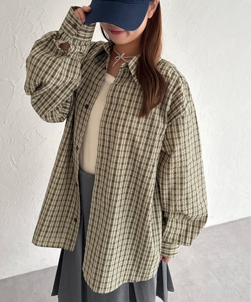 kutir(クティール)の「オーバーサッカーチェックシャツ(シャツ/ブラウス・レディース・ライトブルー/ブルー/グリーン/レッド/ホワイト/ブラック・FREE)」の1枚目の写真