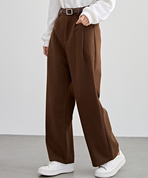 ハイウエスト ワイド ストレート タック パンツ 裏起毛（スラックス