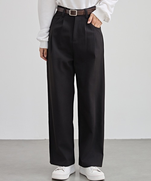 セール】ハイウエスト ワイド ストレート タック パンツ 裏起毛