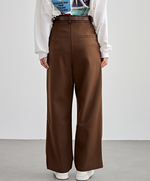 ハイウエスト ワイド ストレート タック パンツ 裏起毛（スラックス