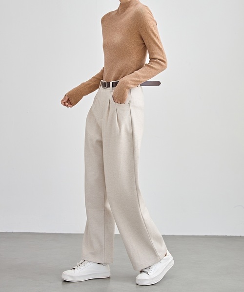 セール】ハイウエスト ワイド ストレート タック パンツ 裏起毛